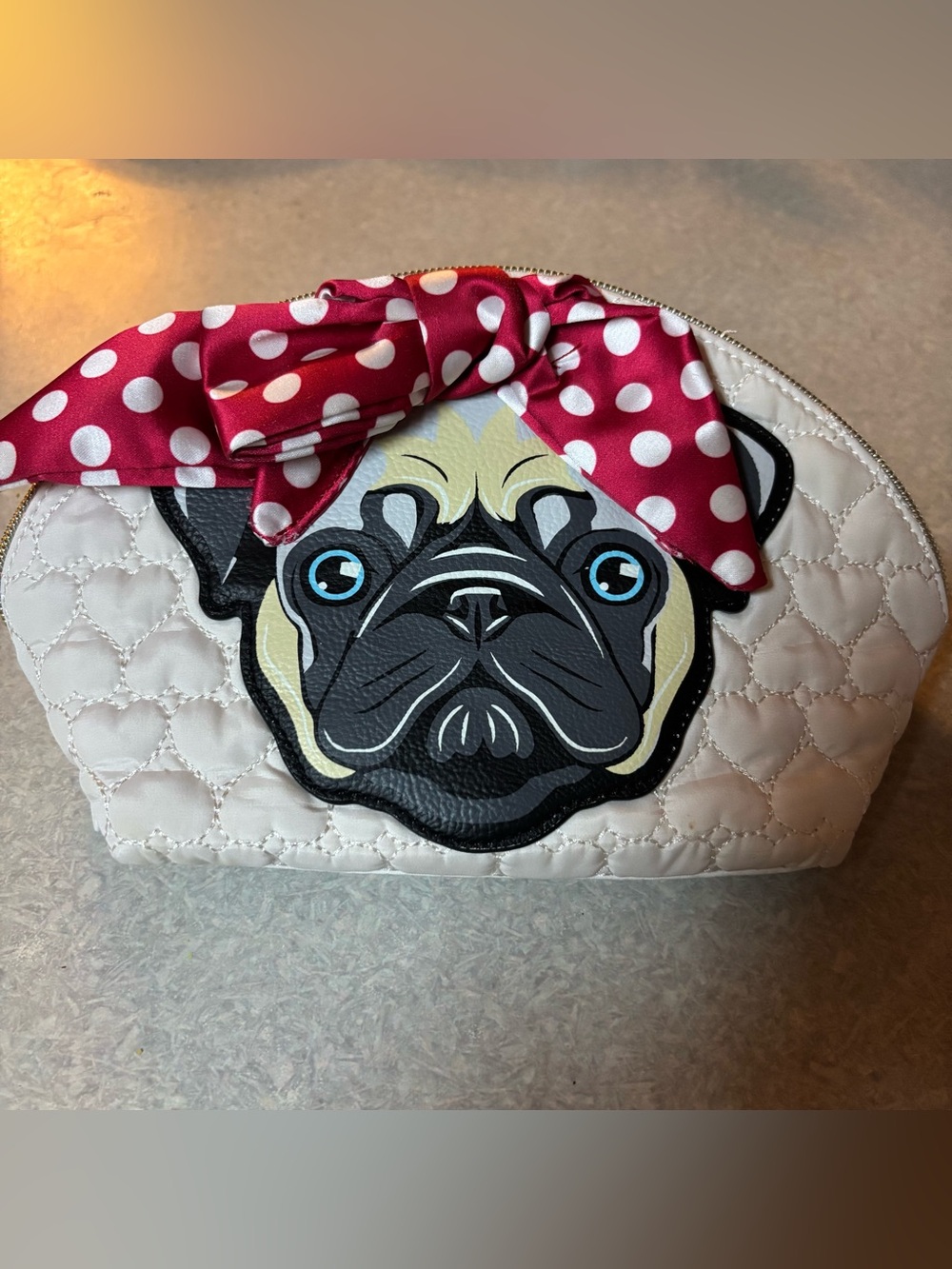 Betsey Johnson Pug Bow Polka Dot Rockabilly Pinup Heart Cosmetic Makeup Bag Dog